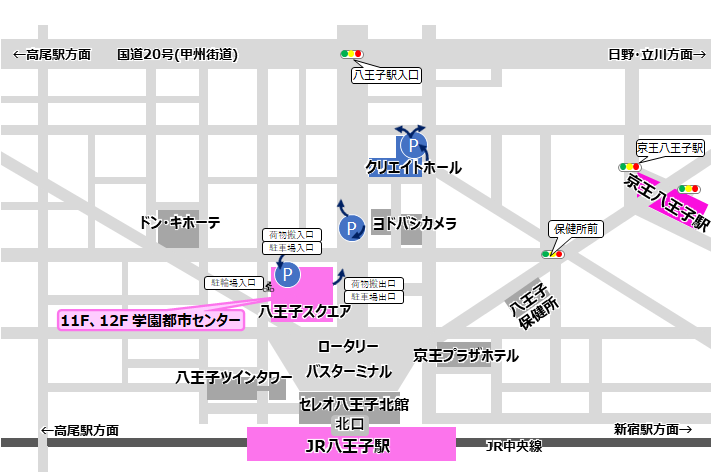 八王子市学園都市センター 第5セミナー室 八王子スクエアビル【八王子オクトーレ】12階への地図