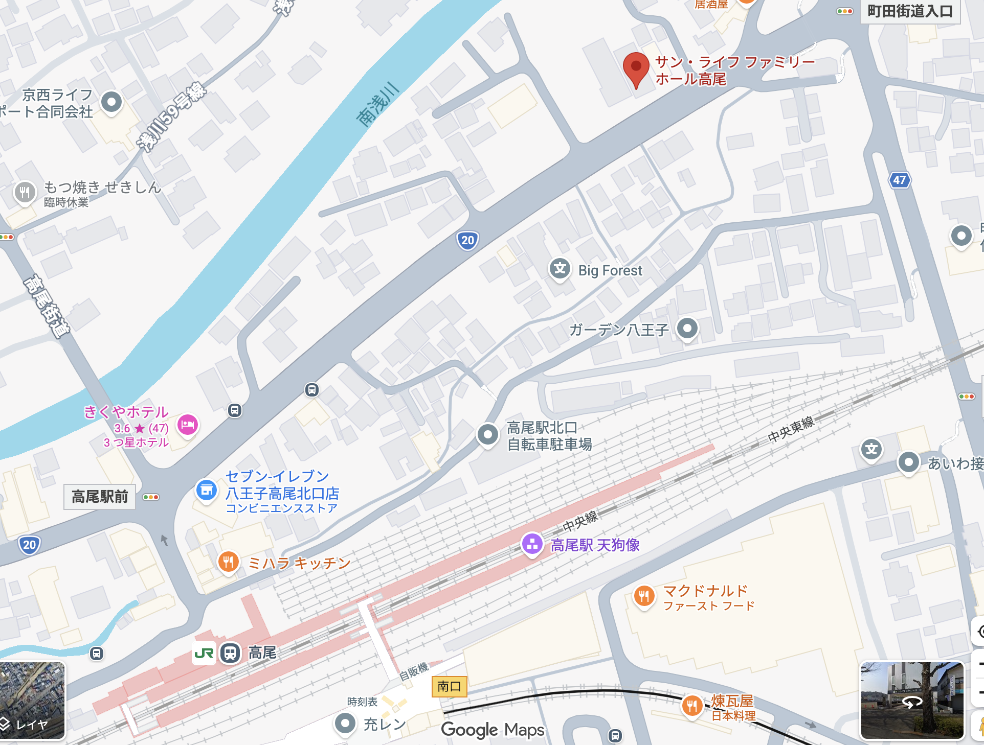 サン・ライフファミリーホール高尾への地図